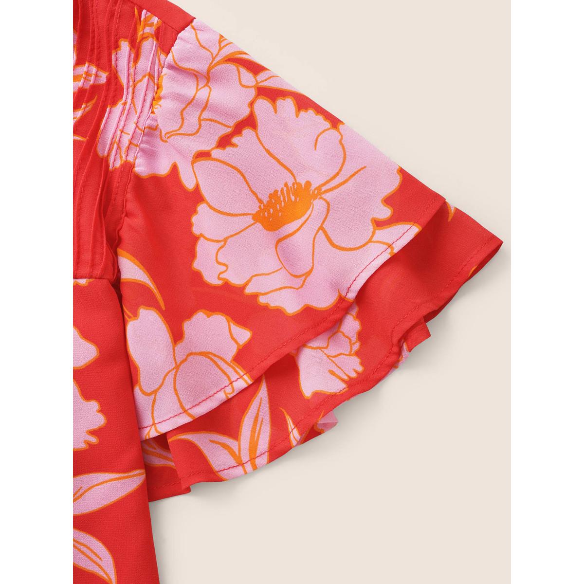 Plus Size Brightred Floral Stand Collar Pleated Tiered Ruffles Blouse Women Elegant Short sleeve Stand-up collar Everyday Blouses BloomChic 12/L Product Image