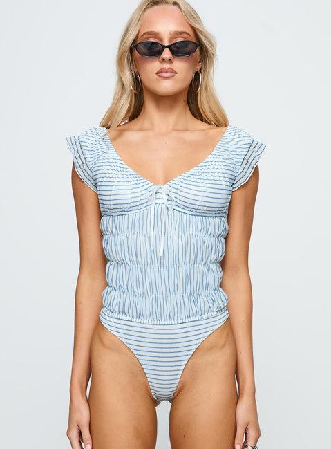 Ahead Of Myself Off Shoulder Bodysuit Blue Stripe Product Image