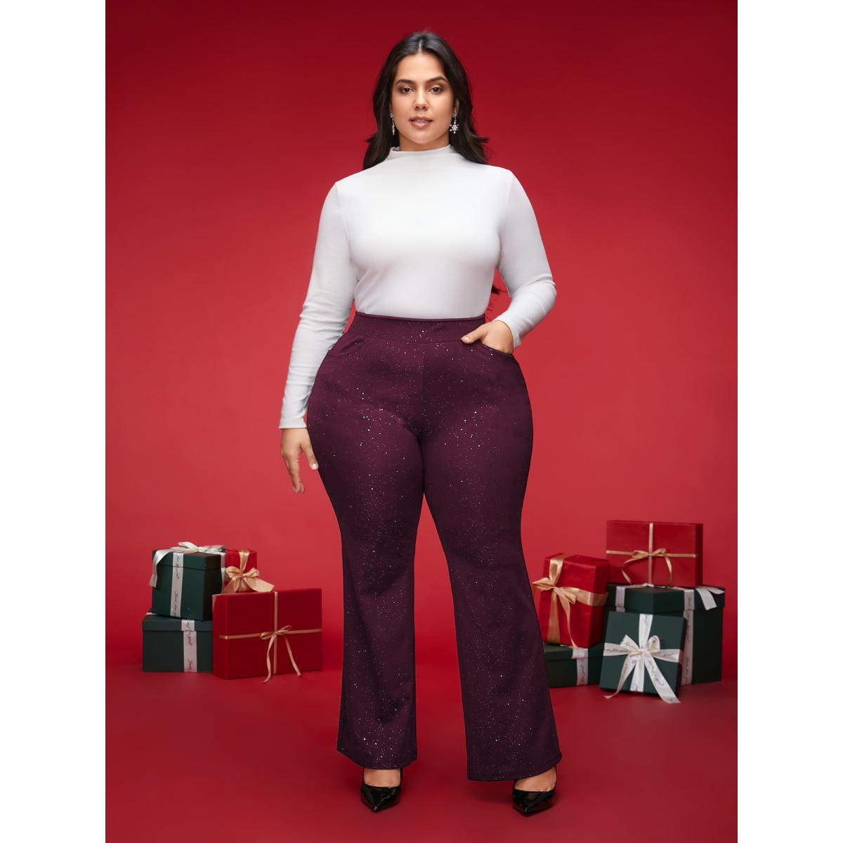 Plus Size Sparkle Details Mid Rise Flared Pants Women Burgundy Formal Bootcut Mid Rise Party Pants BloomChic 12/L Product Image