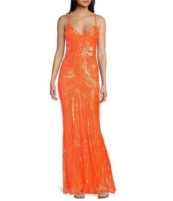 B. Darlin Sequin Pattern V-Neck Spaghetti Strap Lace Up Back Dress Product Image