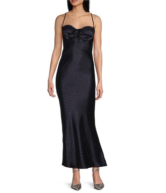 Midnight Doll Satin Jacquard Spaghetti Strap Back Cut Out Long Dress Product Image