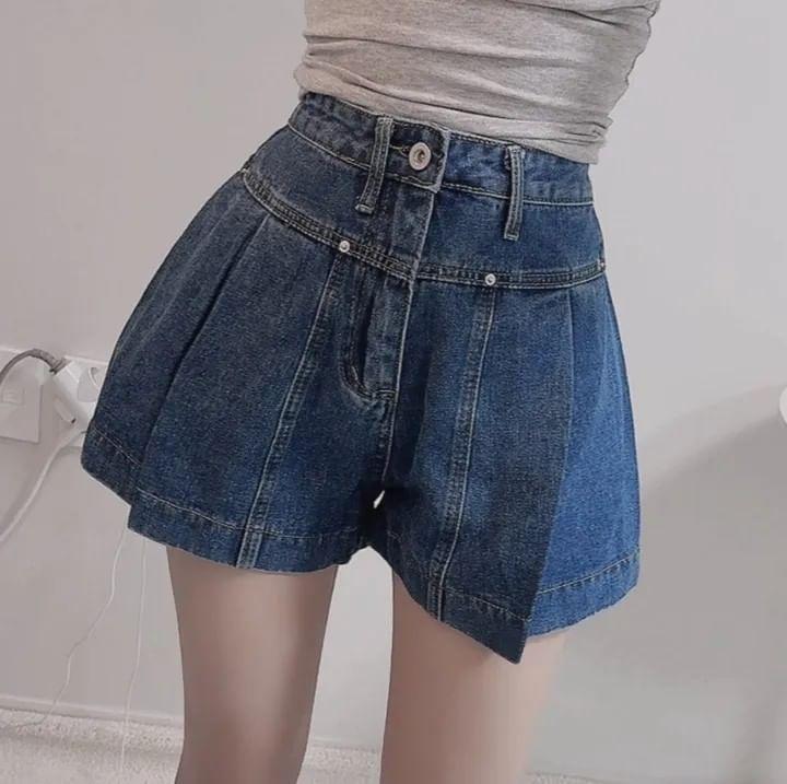High Waist Washed Denim Shorts Product Image