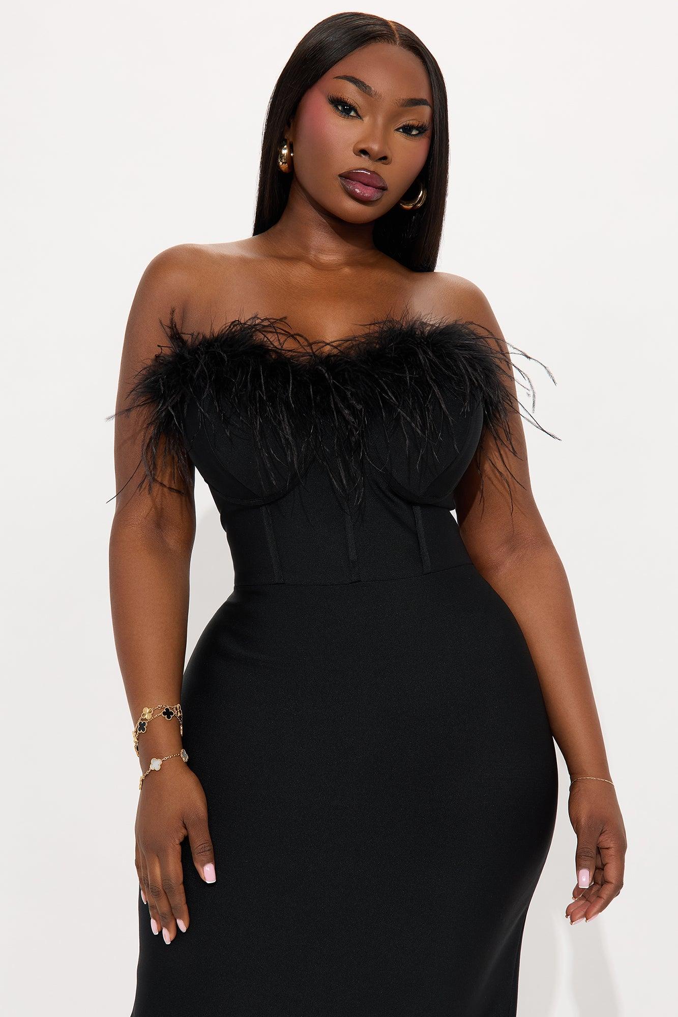 Reina Feather Corset Bandage Midi Dress - Black Female Product Image