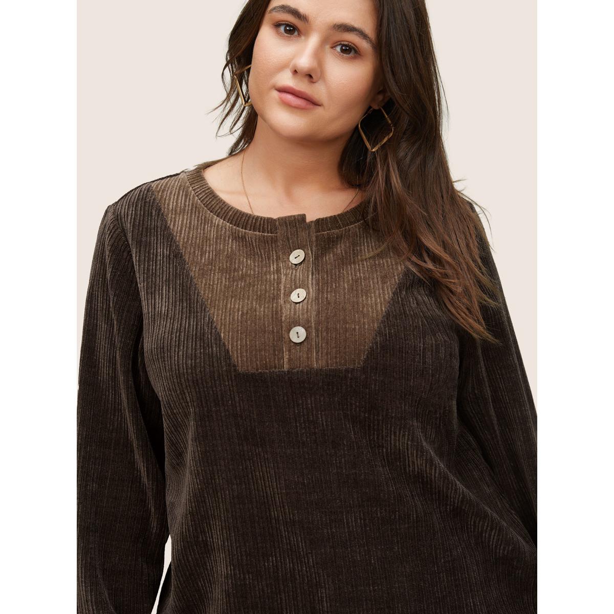 Plus Size Chenille Plisse Patchwork Button Detail Sweatshirt Women DarkBrown Casual Texture Round Neck Everyday Sweatshirts BloomChic 30/6X Product Image