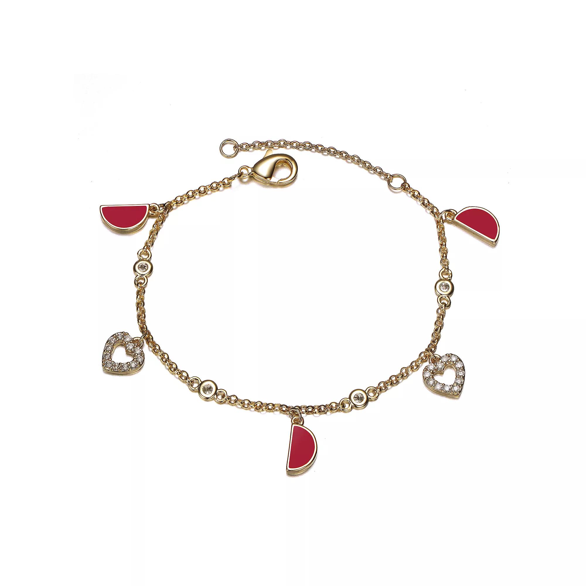 Kids 14k Gold Plated Cubic Zirconia Heart & Red Half Moon Charm Bracelet, Womens Gold Tone Product Image