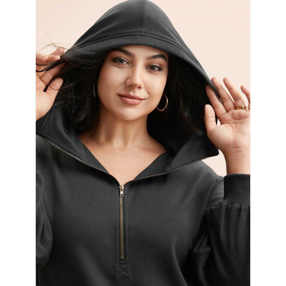 Plus Size Half Zip Hooded Pocket Sweatshirt Women DimGray Casual Patchwork Hooded Everyday Sweatshirts BloomChic 18-20/2X Product Image