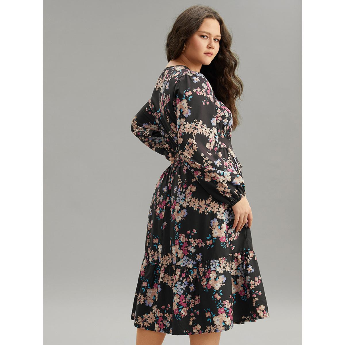 Plus Size Floral Print Overlap Collar Elastic Cuffs Dress Black Women Elegant Elastic cuffs Overlap Collar Long Sleeve Curvy Midi Dress BloomChic 12/L Product Image