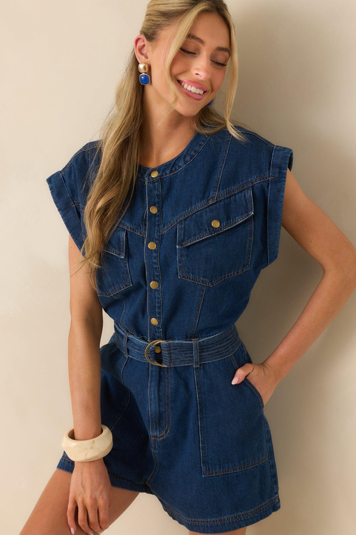 The Road Less Traveled Dark Wash Denim Romper Product Image