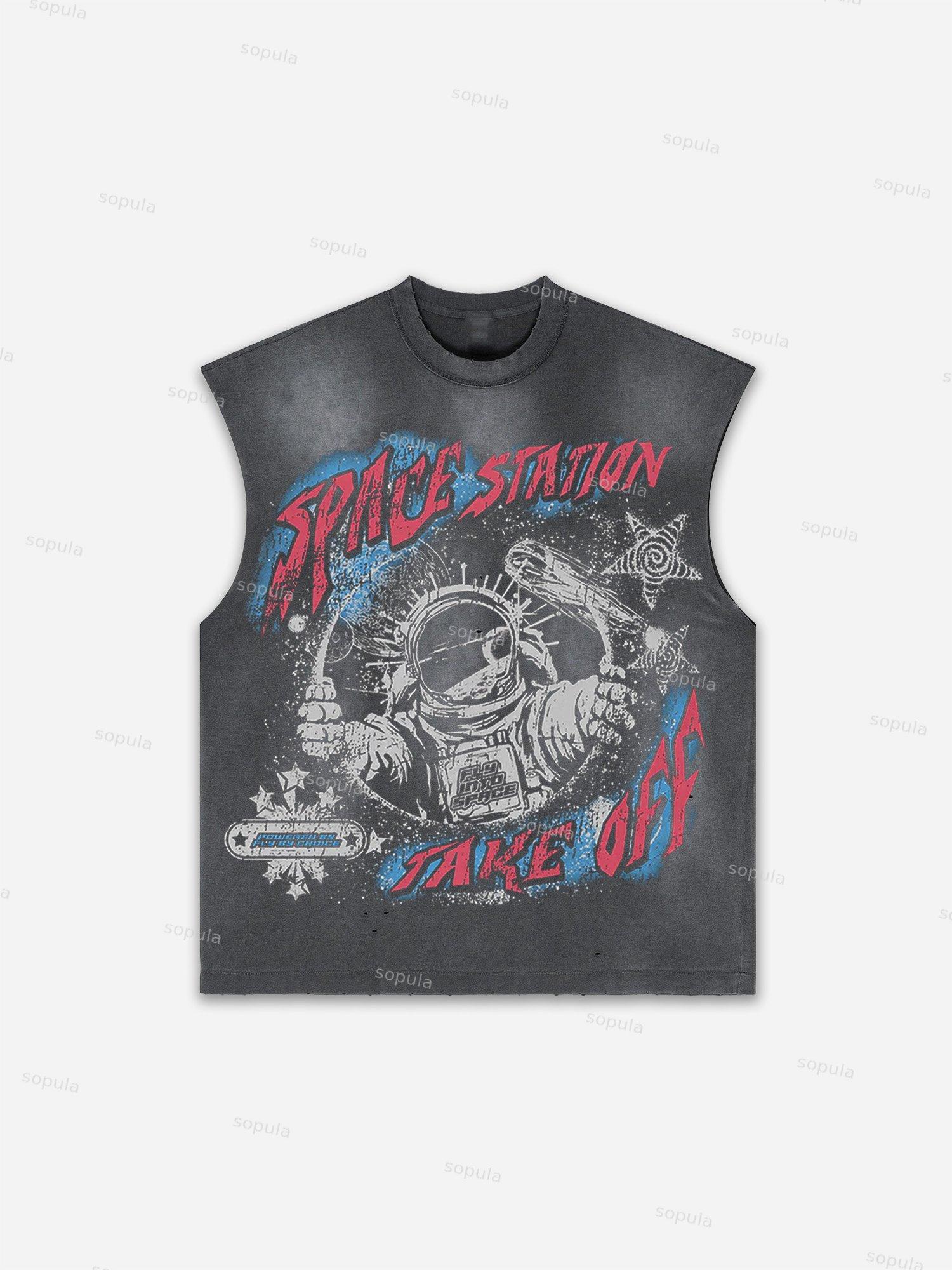Sopula Men's Fly By Choice X Spacestation Graphic Print Distressed Tank Tops Sleeveless Shirts Product Image