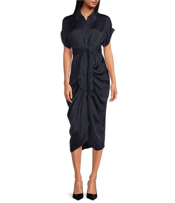 Steve Madden Tori Satin Point Collar Short Kimono Cuff Sleeve Belted Ruched Front Asymmetrical Hem Midi Shirt Dress Product Image