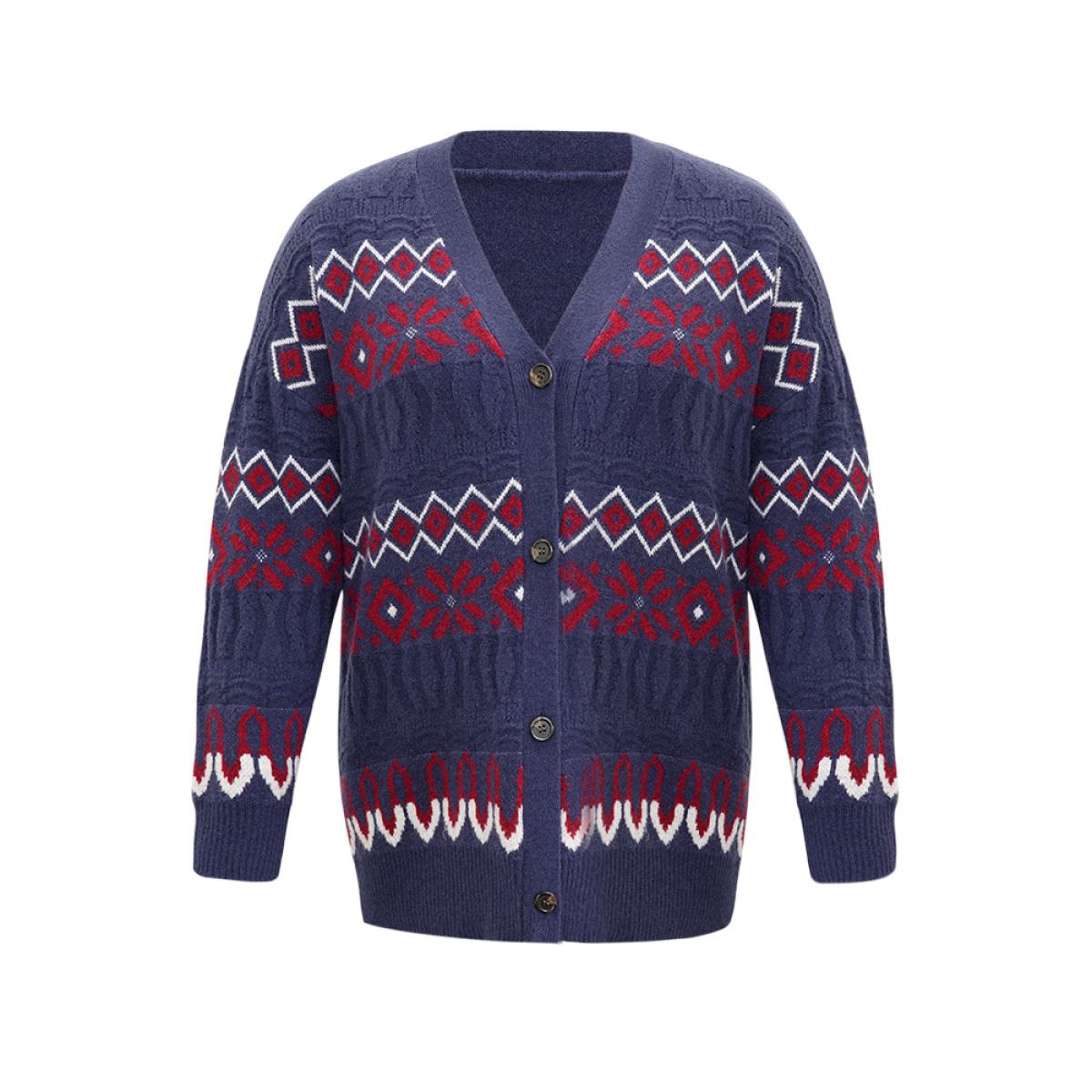 Plus Size Geometric Graphic Contrast Elastic Cuffs Button Up Cardigan Multicolor Women Casual Loose Long Sleeve Festival-Christmas Cardigans BloomChic 26/4X Product Image