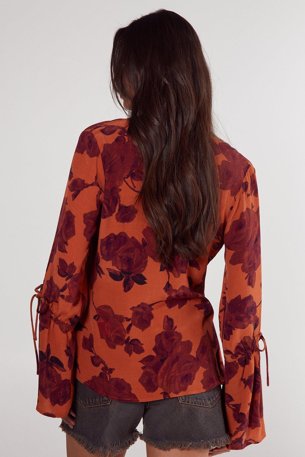 Vintage Floral Tie Detail Fluted Sleeve Top Product Image