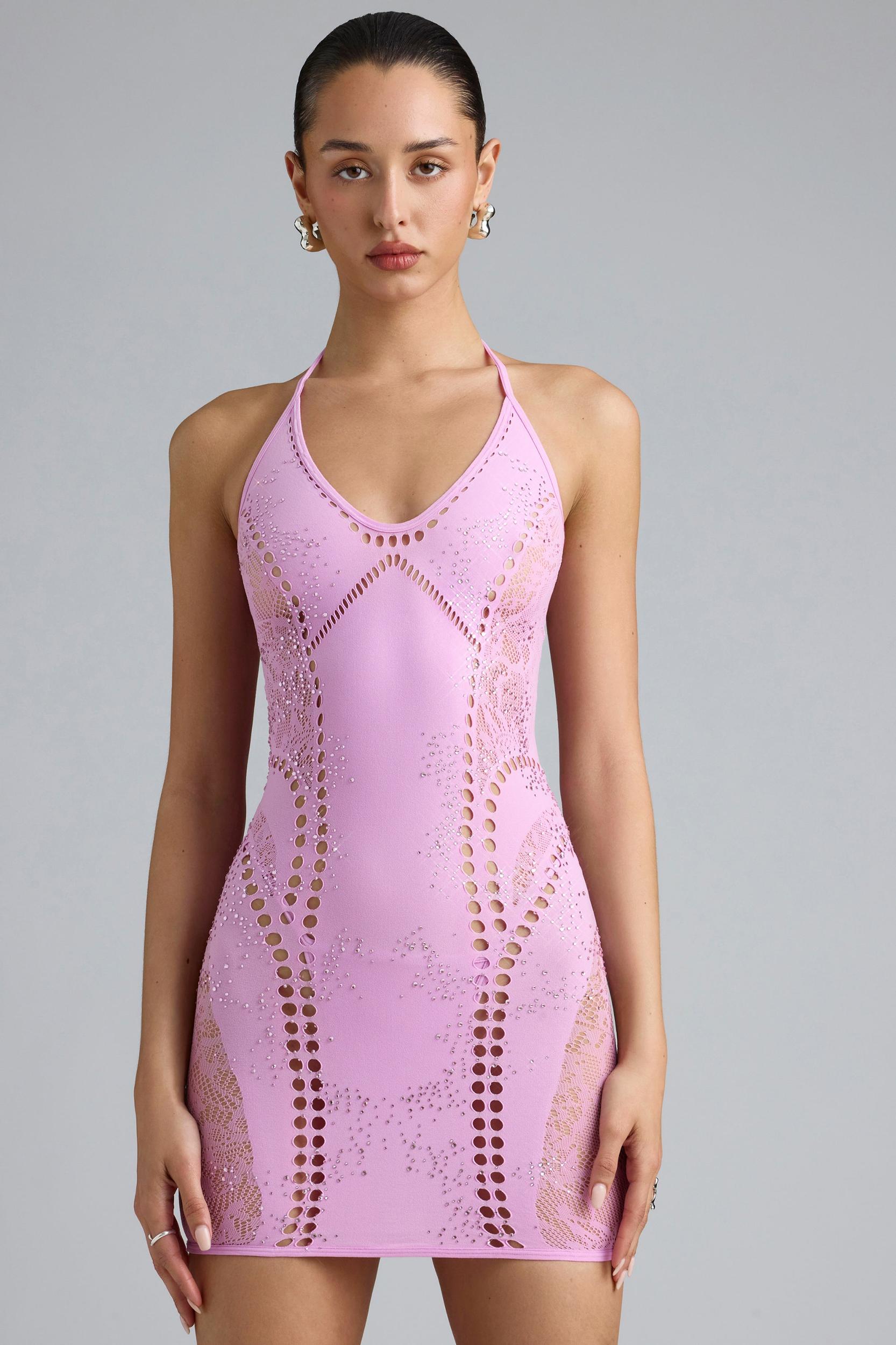 Embellished Halterneck Mini Dress in Violet Pink Female Product Image