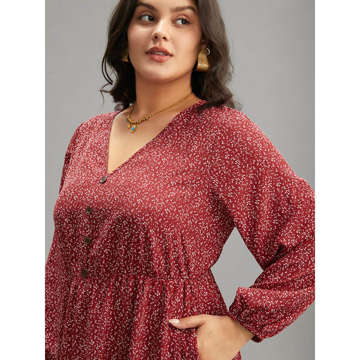 Plus Size Ditsy Floral V Neck Lantern Sleeve Ruffle Layered Hem Dress Scarlet Women Elegant Elastic cuffs V-neck Long Sleeve Curvy Midi Dress BloomChic 10/M Product Image