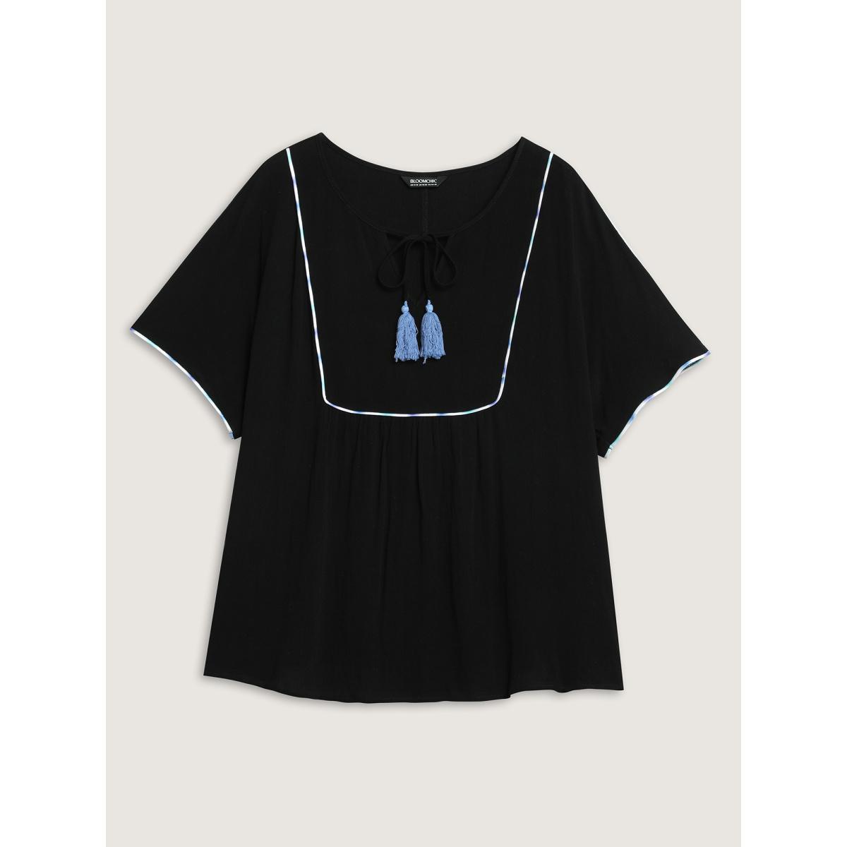 Plus Size Black Textured Color Contrast Tassels Blouse Women Short sleeve Flat collar with V-notch Everyday-Casual Blouses BloomChic 18-20/2X Product Image