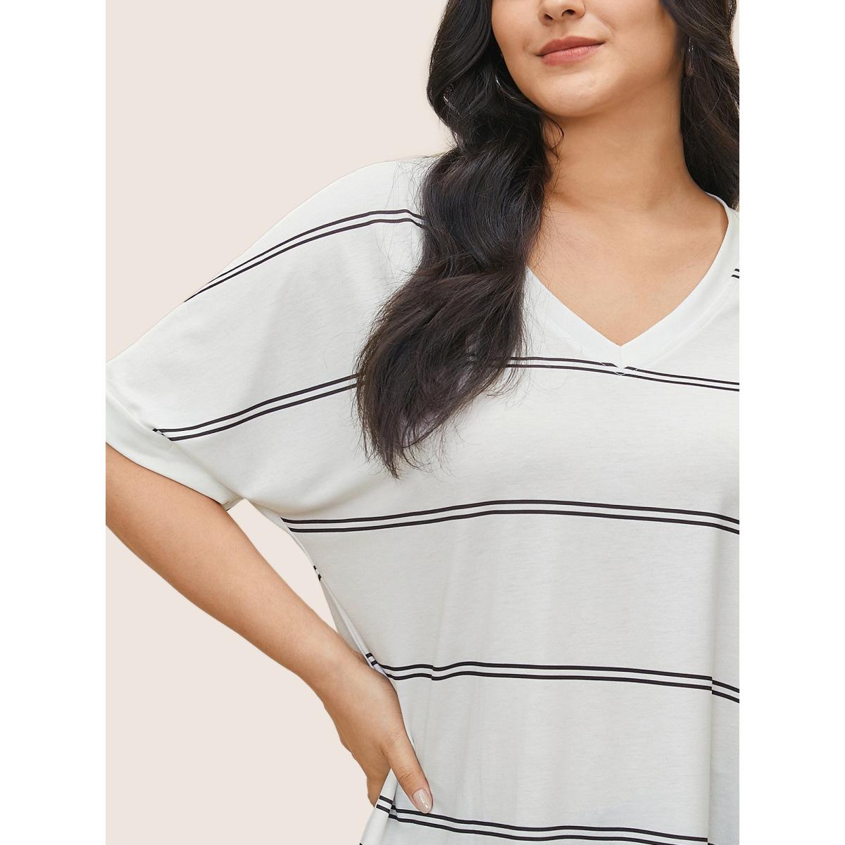 Plus Size Striped Contrast Dolman Sleeve T-shirt White Women Casual Striped V-neck Everyday T-shirts BloomChic 30/6X Product Image