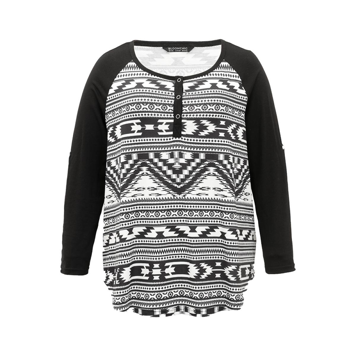 Plus Size Geometric Patchwork Button Down T-shirt Black Women Casual Contrast Geometric Open Front Dailywear T-shirts BloomChic 18-20/2X Product Image