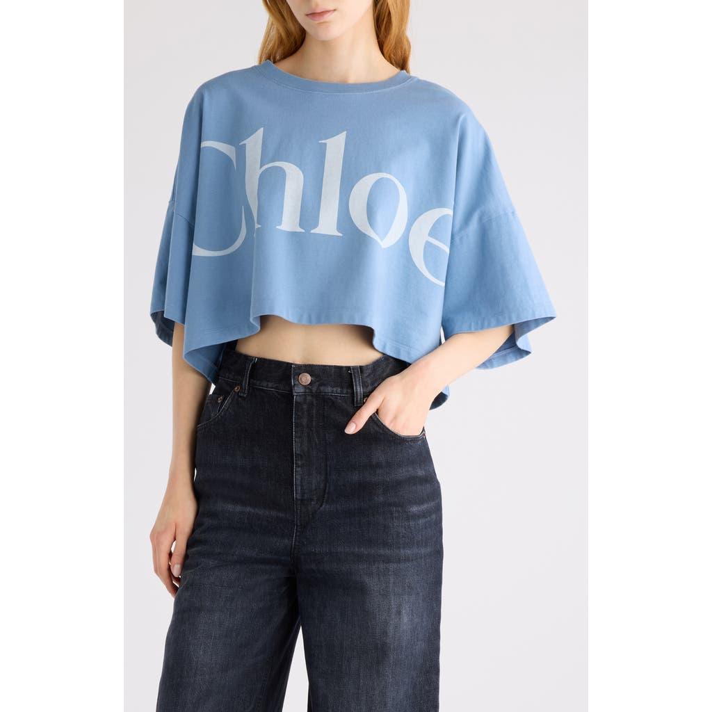 CHLOÉ Women Light Blue Jersey Cropped Logo T-shirt Product Image