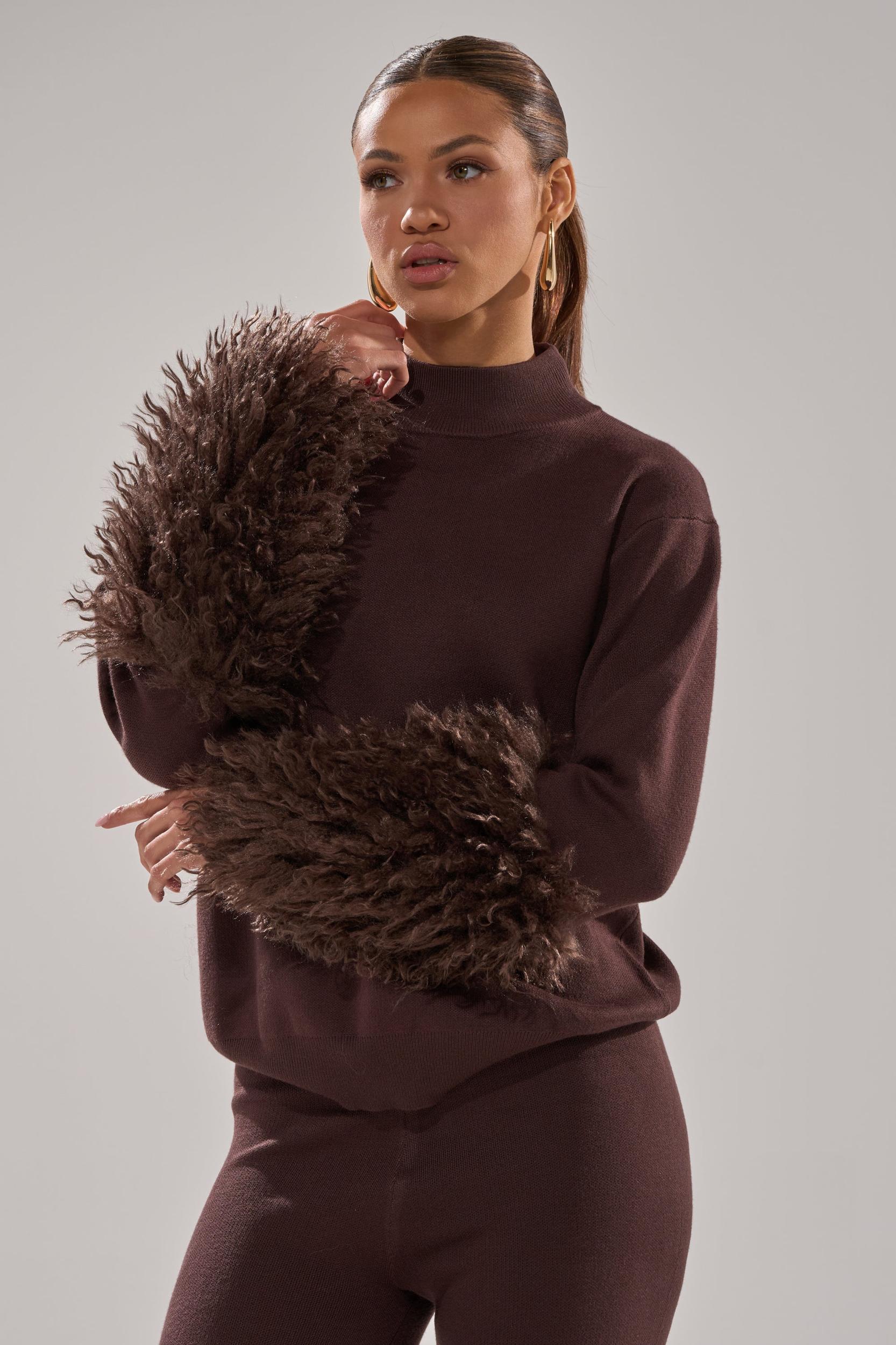 COZY VIBES SWEATER WITH FUR CUFF IN BROWN Product Image