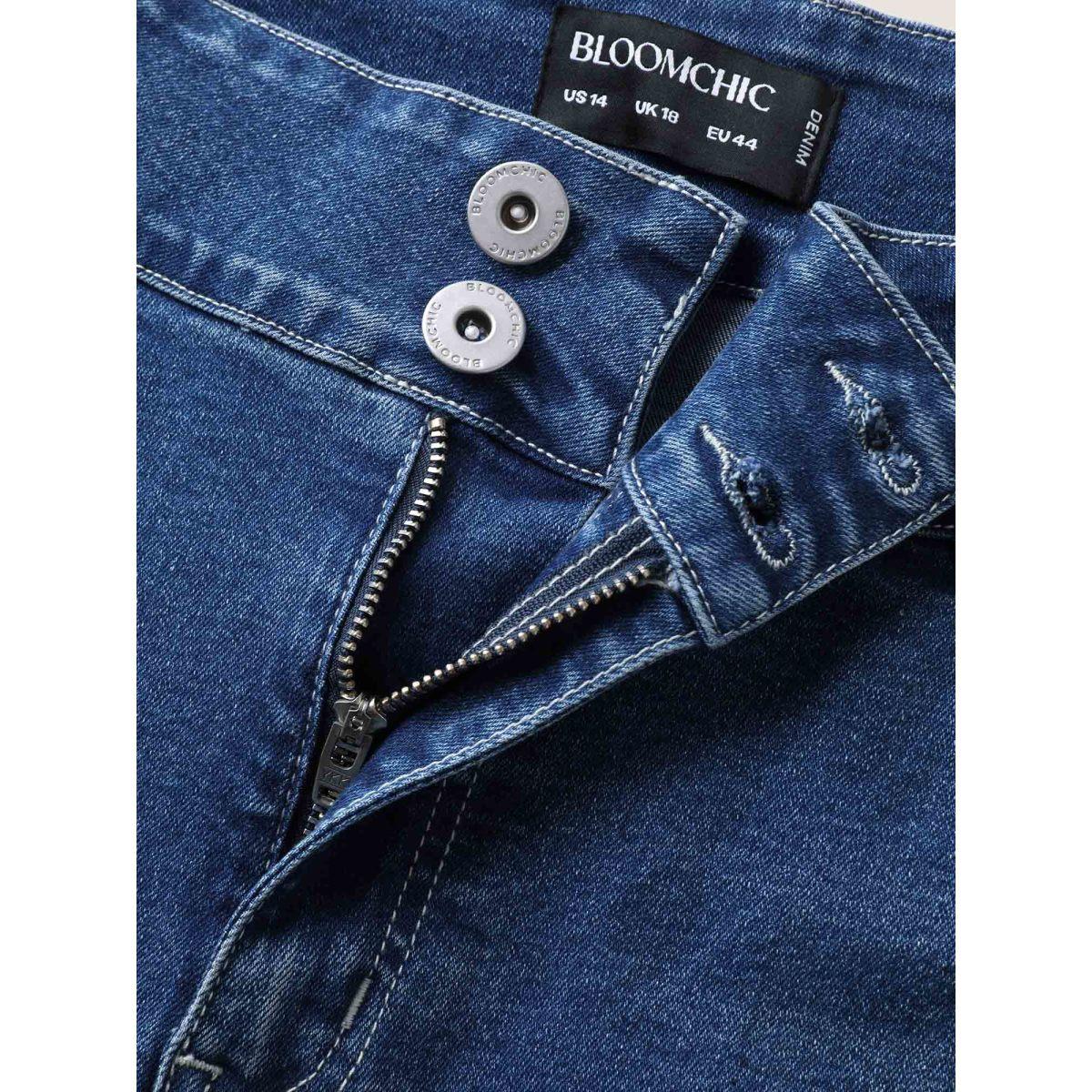 Plus Size Stretch No-Gap Waist Slit Hem Jeans Women Midblue Casual Slit High stretch Slanted pocket Jeans BloomChic 10/M Product Image