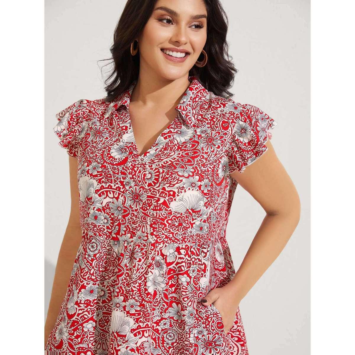 Plus Size Paisley Print Collar Flutter Sleeve Midi Dress Raspberry Women Boho Notched collar Cap Sleeve Curvy BloomChic 14-16/1X Product Image