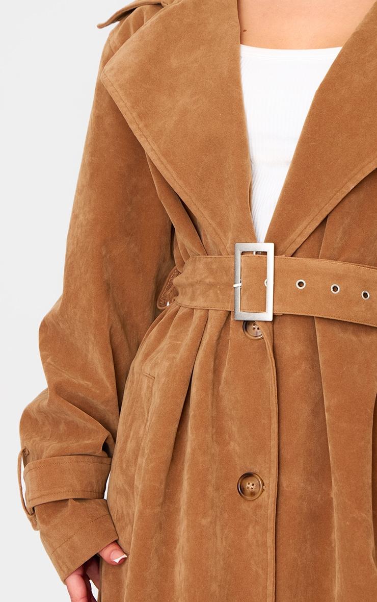 Petite Camel Faux Suede Belted Trench Coat Product Image