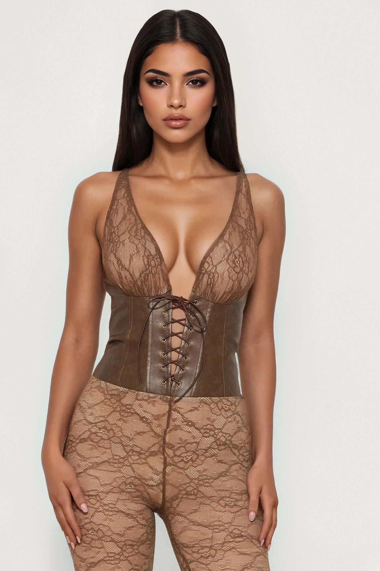 Mahalia Lace And Faux Leather Jumpsuit - Mocha Female Product Image