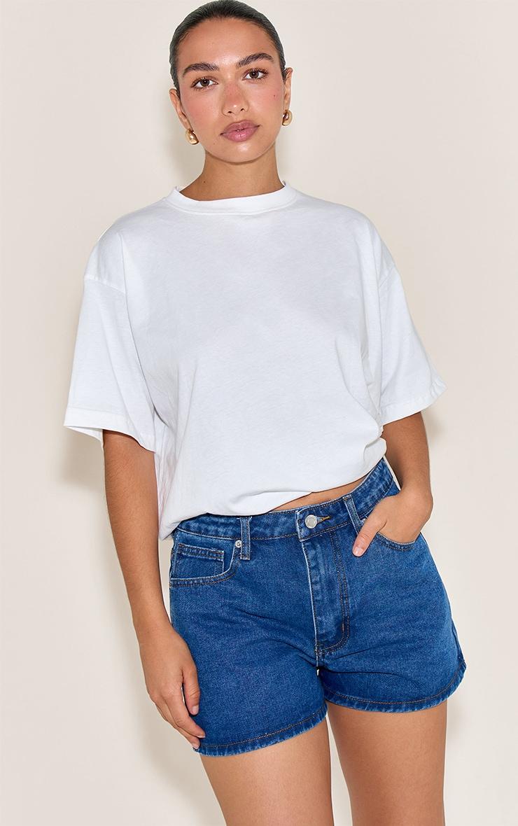 Dark Blue Contrast Stitch High Waisted Mom Shorts Product Image