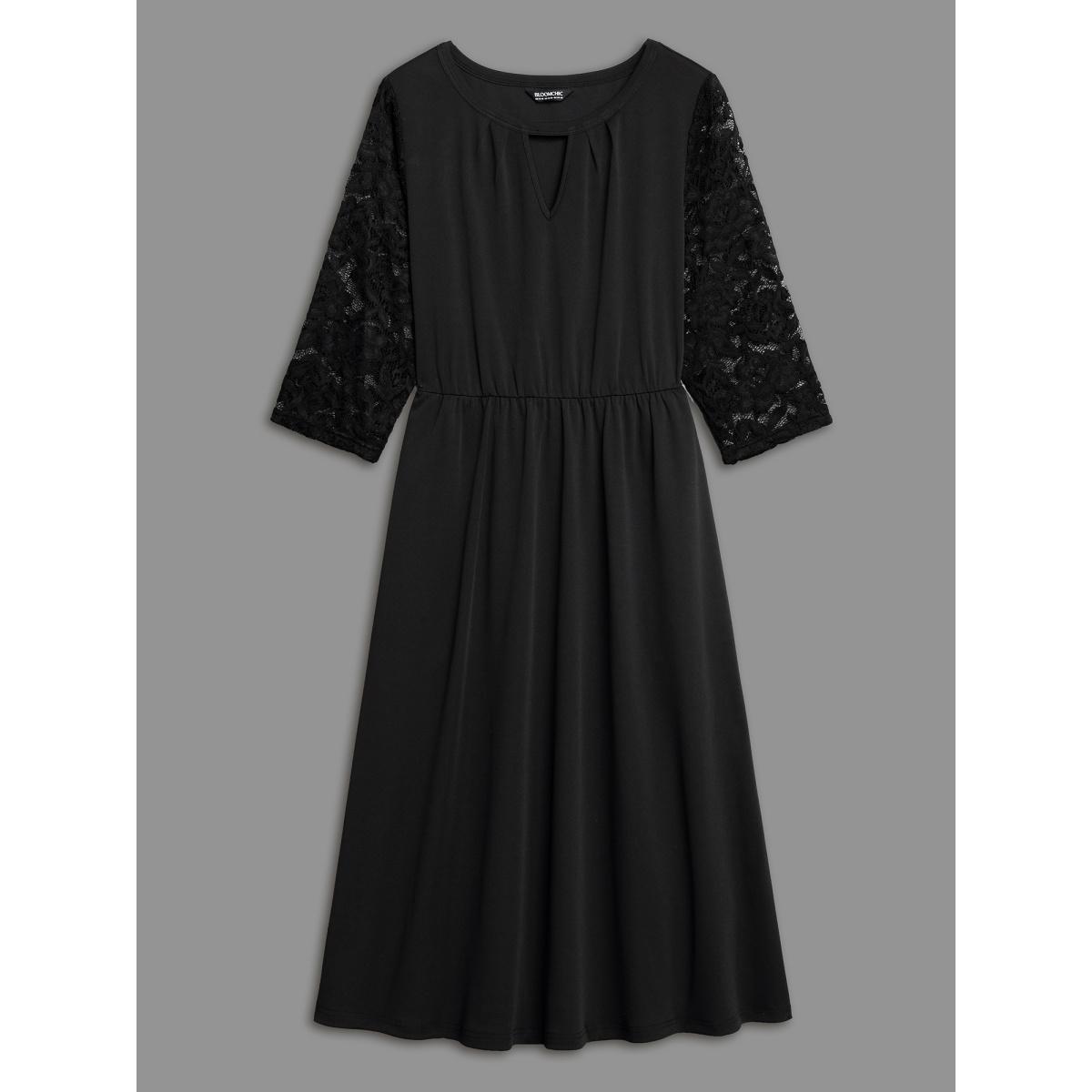 Plus Size Neck Cut-Out Lace Stretchy-Waist Midi Dress Black Women At the Office Texture Knit Dresses Bloomchic 30/6X Product Image