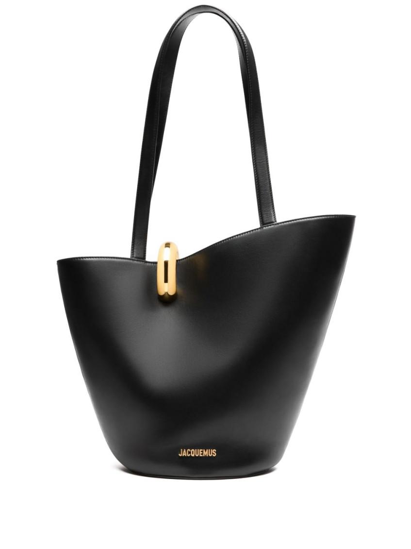 JACQUEMUS The Medium Bambola Asymmetric Leather Bucket Bag In Black 990 Product Image