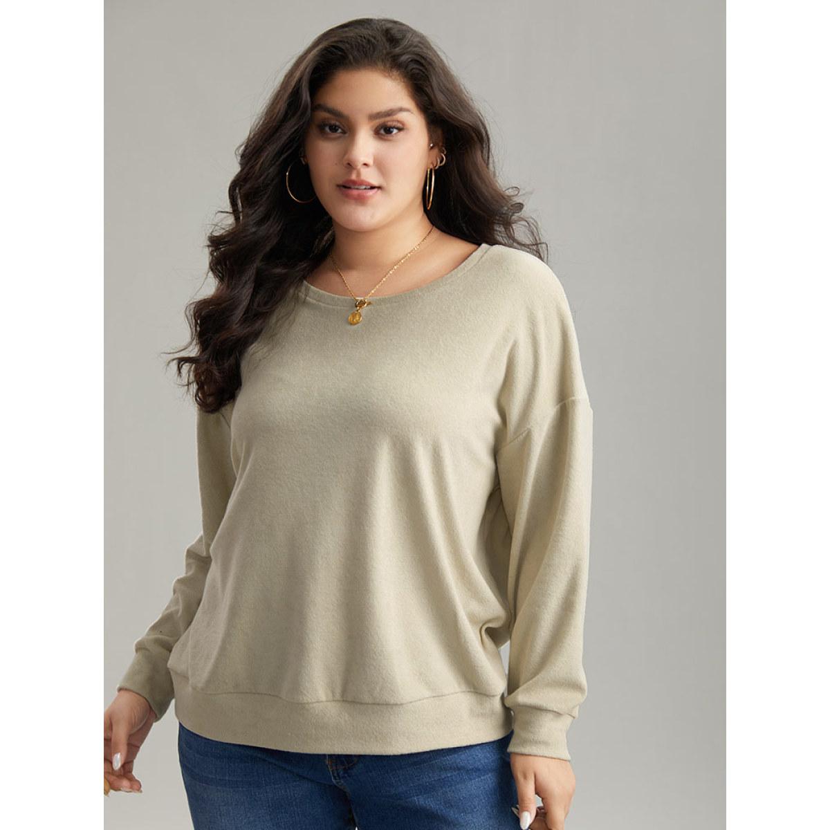 Plus Size Heather Plisse Elastic Hem Sweatshirt Women Beige Casual Texture Round Neck Dailywear Sweatshirts BloomChic 10/M Product Image
