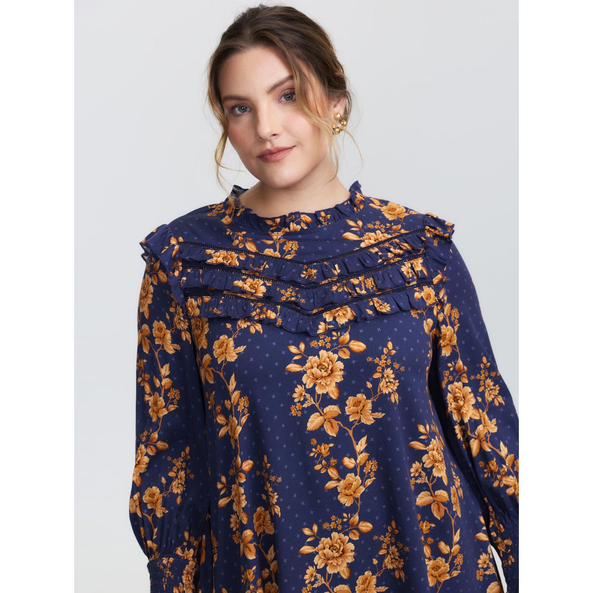 Plus Size Indigo Floral Layered Ruffled Neckline Blouse Women Romantic Long Sleeve Stand-up collar Elegant Blouses BloomChic 22-24/3X Product Image