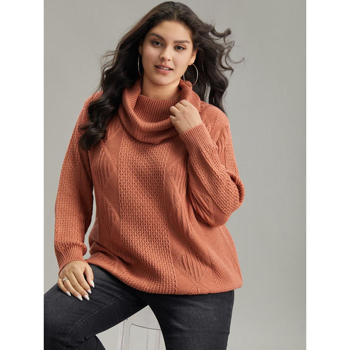 Plus Size Plain Plisse Turtle Neck Loose Pullover Coral Women Casual Loose Long Sleeve Turtleneck Dailywear Pullovers BloomChic 12/L Product Image