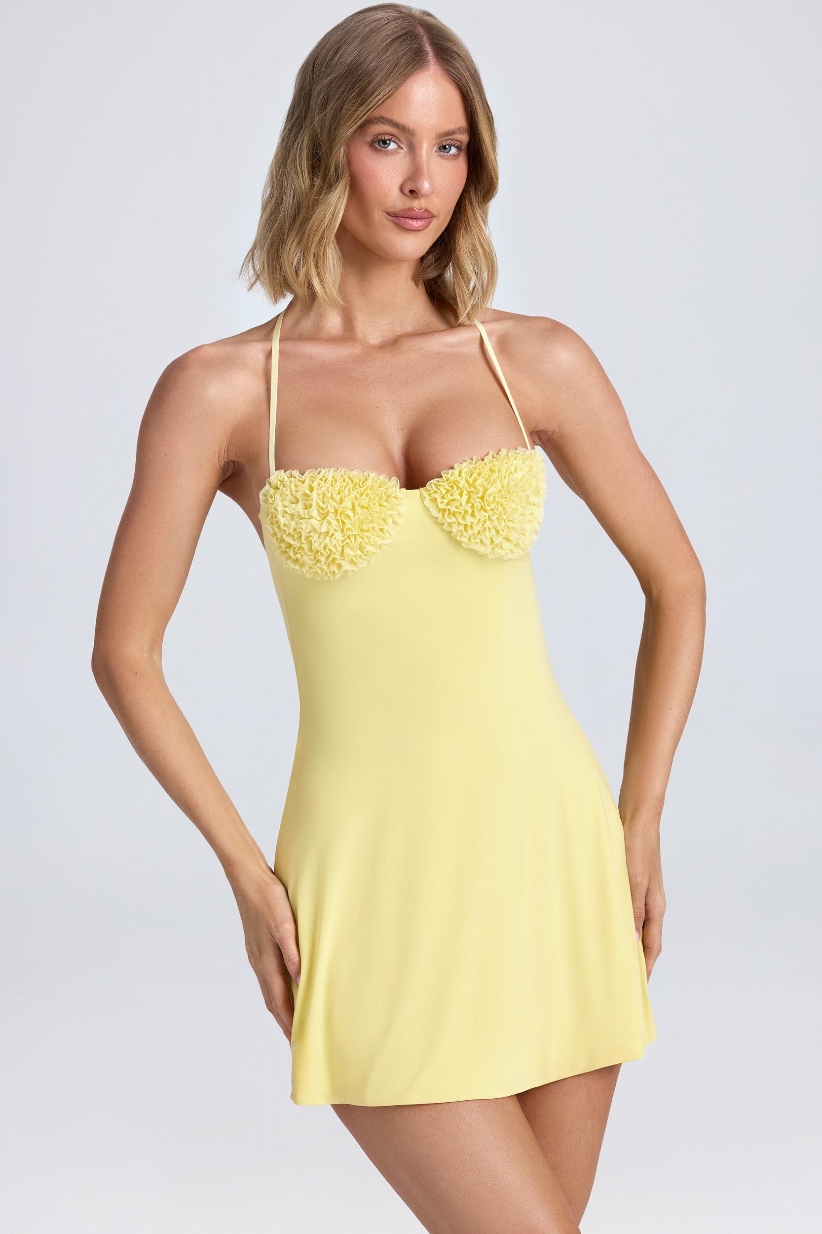 Halterneck Ruffle-Appliqué A-Line Mini Dress in Lemon Sherbet Product Image