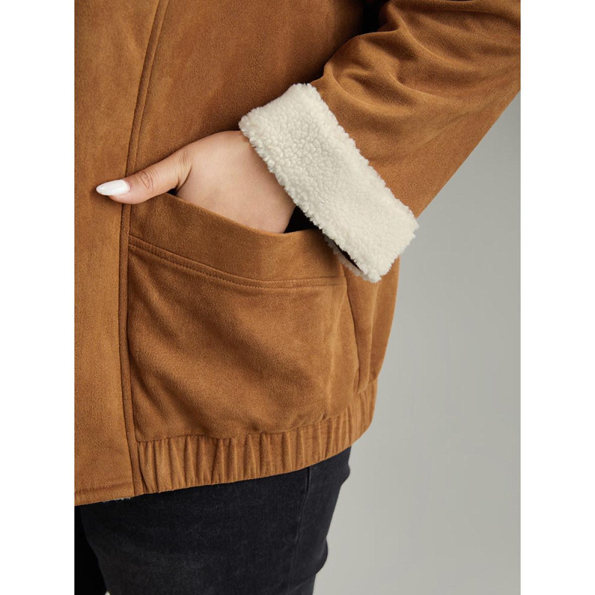 Plus Size Contrast Lapel Collar Patched Pocket Jacket Women Bronze Contrast Pocket Dailywear Jackets BloomChic 14-16/1X Product Image