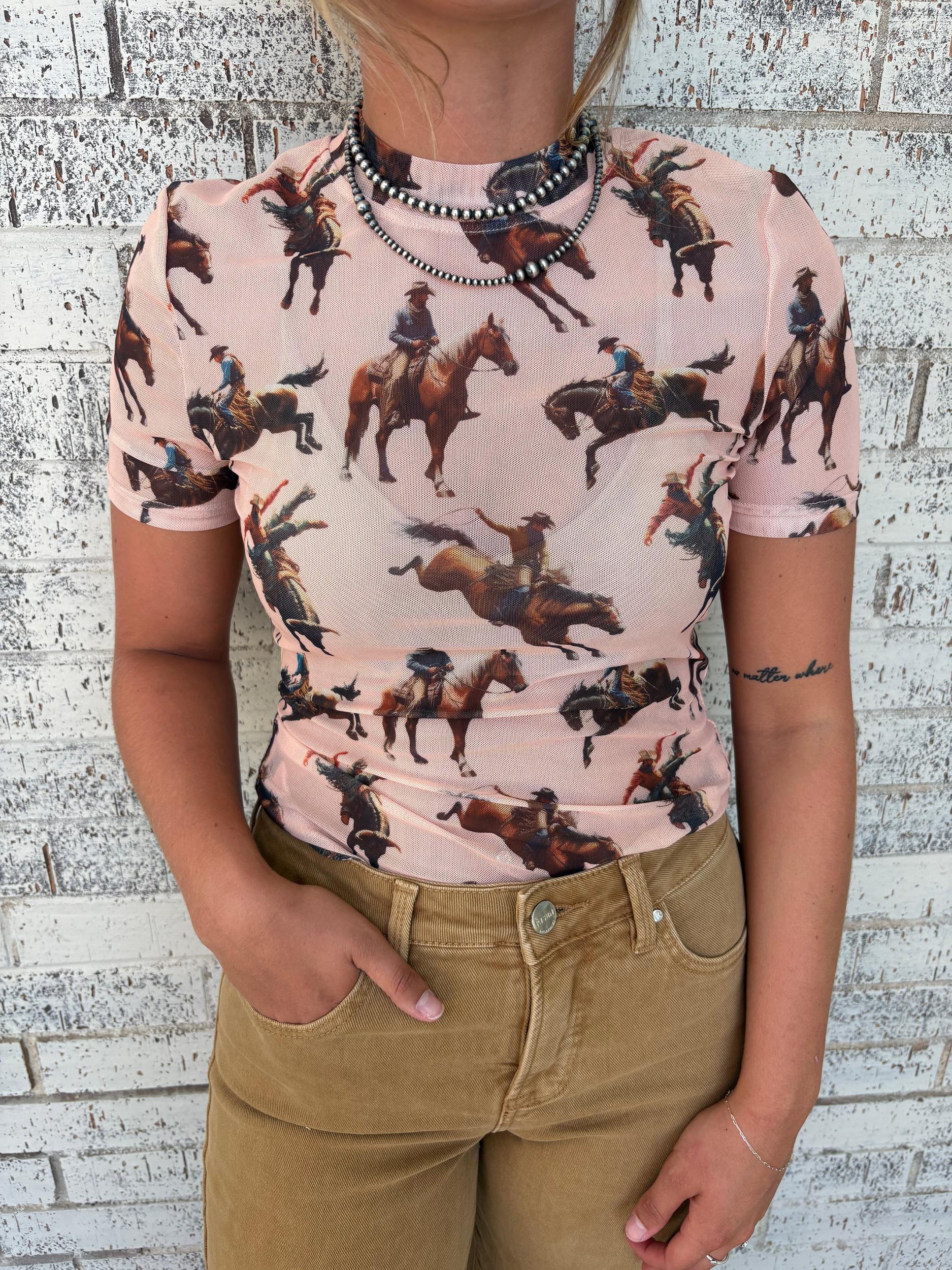 L&B Peach Horse Short Sleeve Mesh Top Product Image