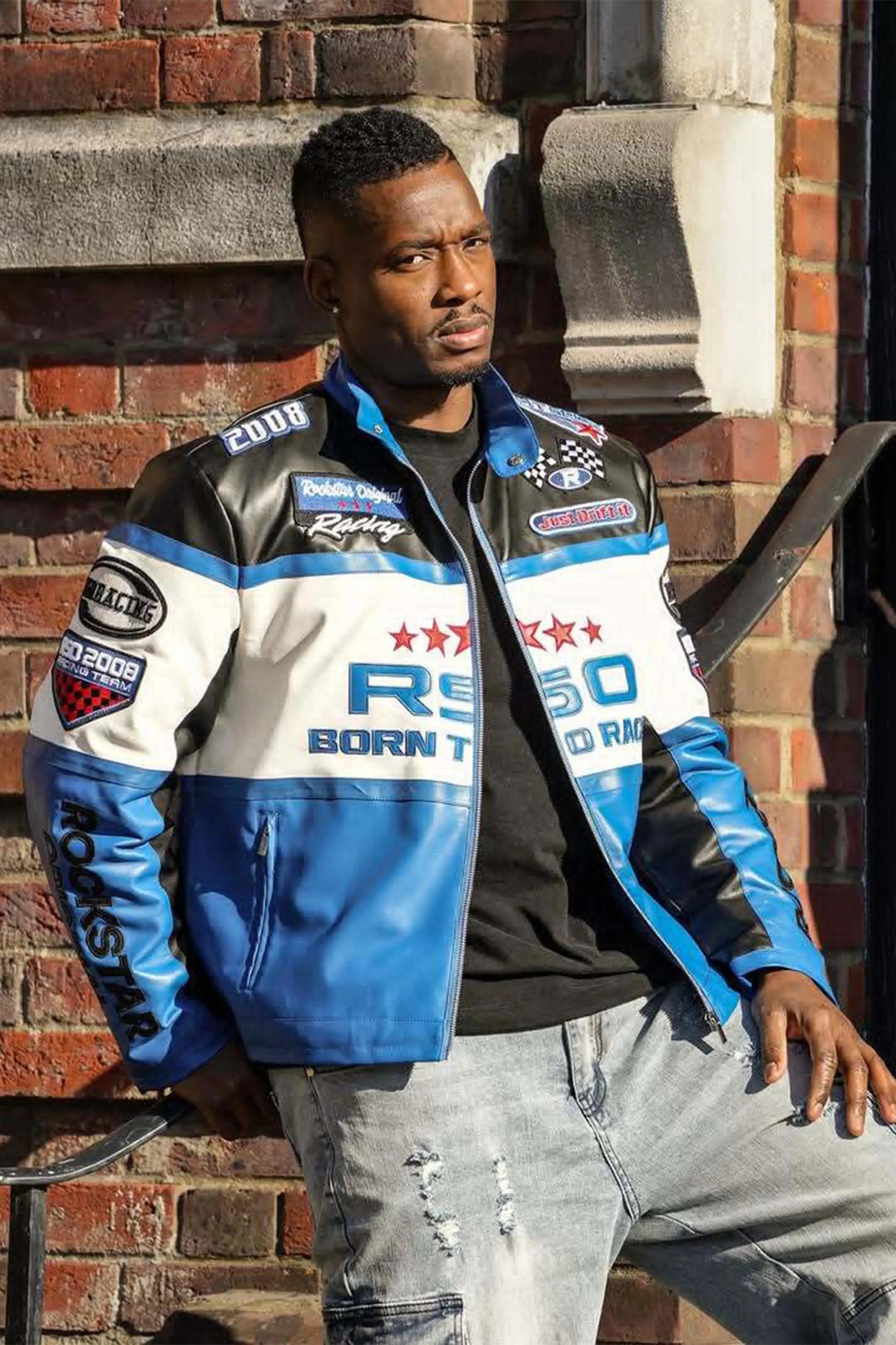 Balint Black/Blue Leather Moto Jacket Male Product Image