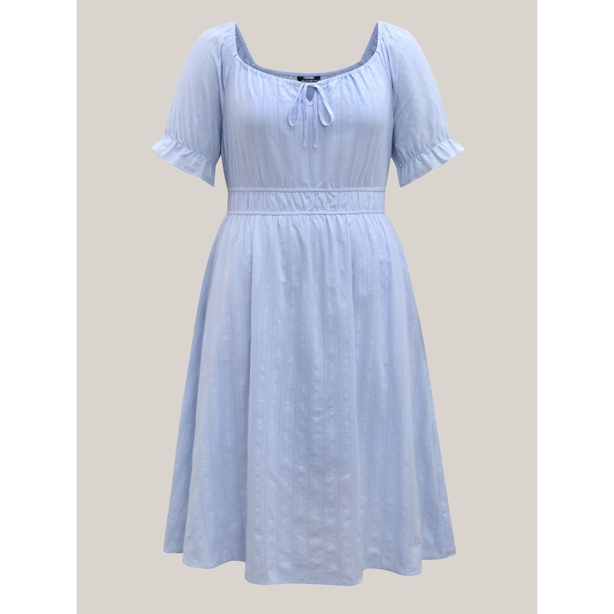 Plus Size Cotton Textured Neck-Tie Pockets Midi Dress LightBlue Women Round Neck Short sleeve Curvy BloomChic 28/5X Product Image