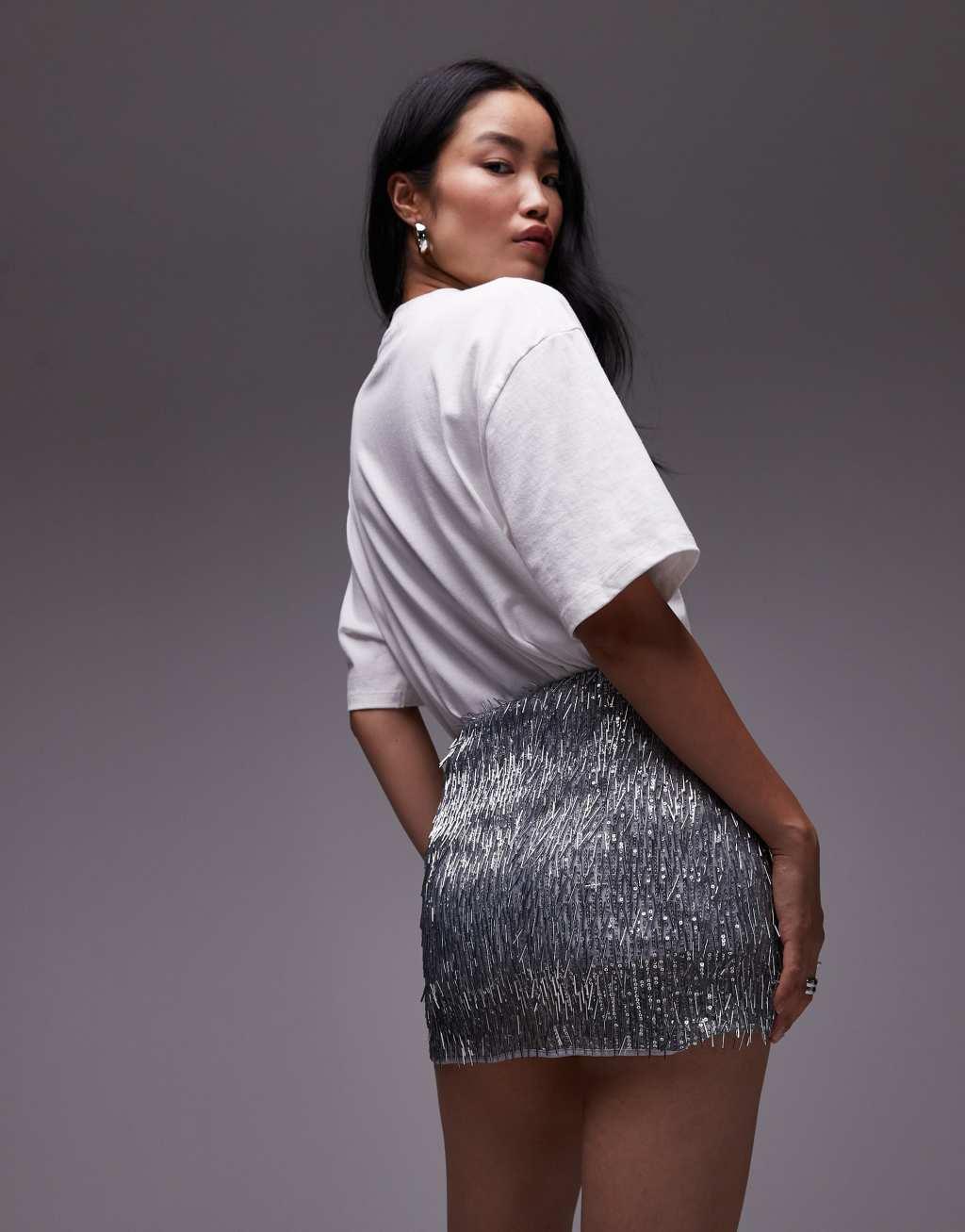 Topshop needle embellished mini skirt in silver Product Image
