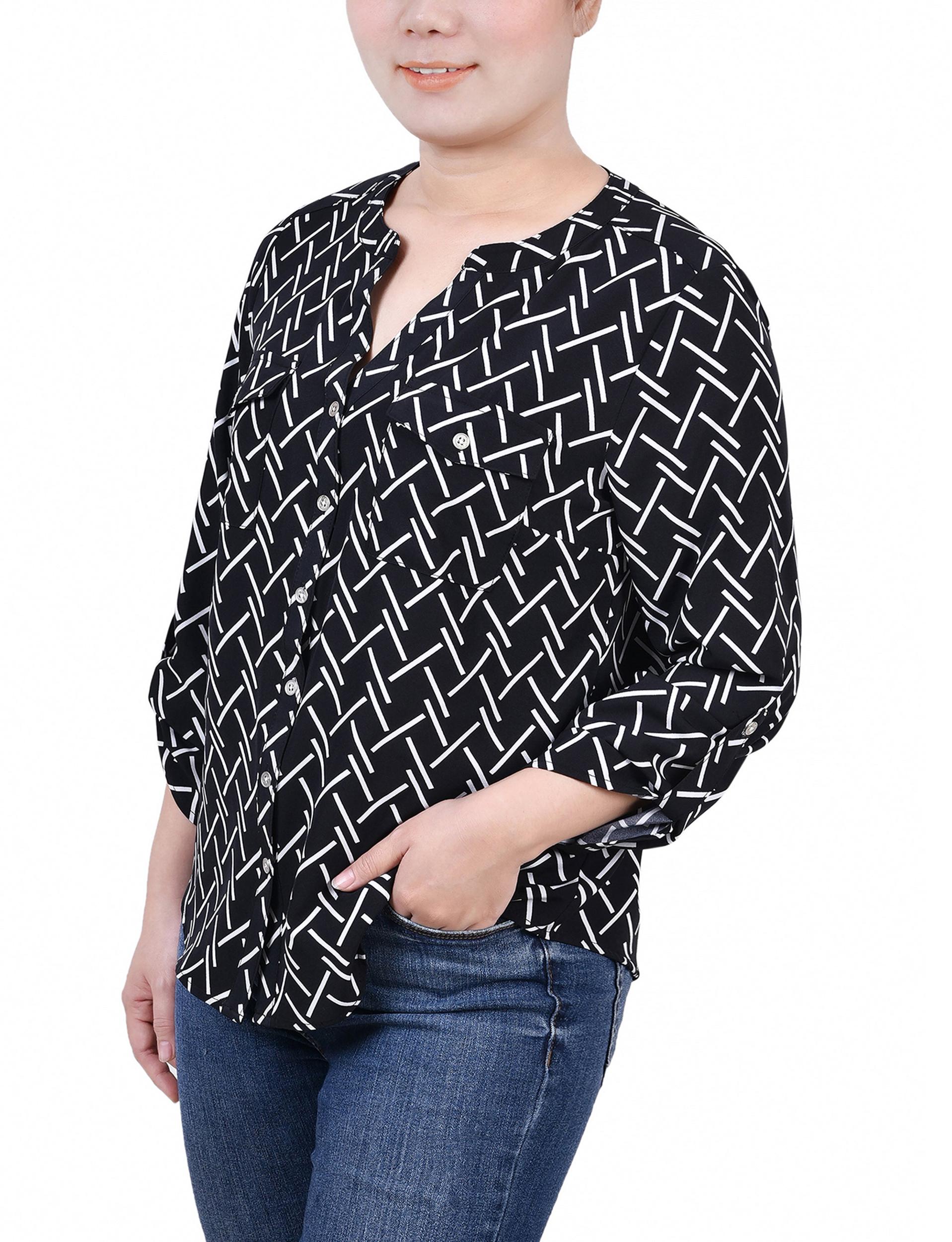 Black White Line Abstract Line 3/4 Roll Tab Sleeve Mandarin Collar Blouse - Petite Product Image