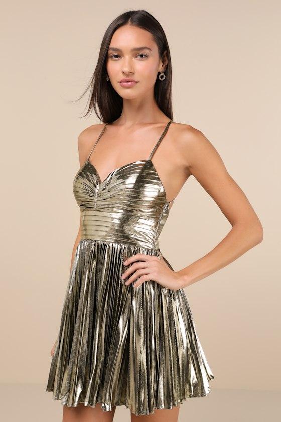 Glamorous Choice Gold Metallic Pleated Lace-Up Mini Dress Product Image