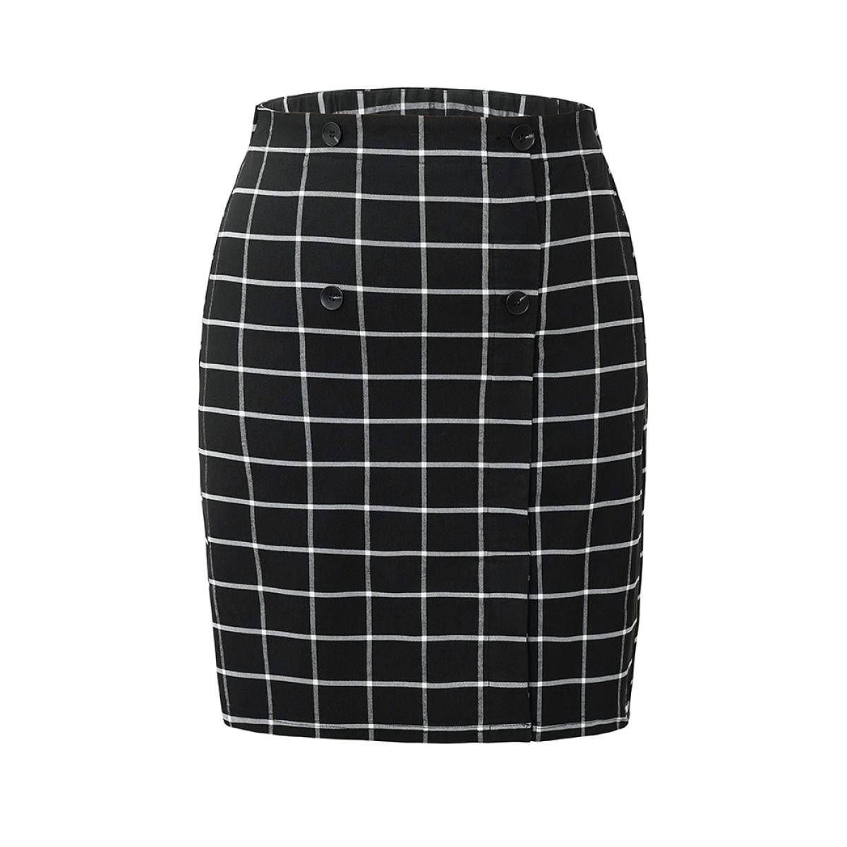 Plus Size Plaid Button Detail Elastic Waist Skirt Women Black Office Elastic Waist Bodycon Low stretch Work Skirts BloomChic 22-24/3X Product Image