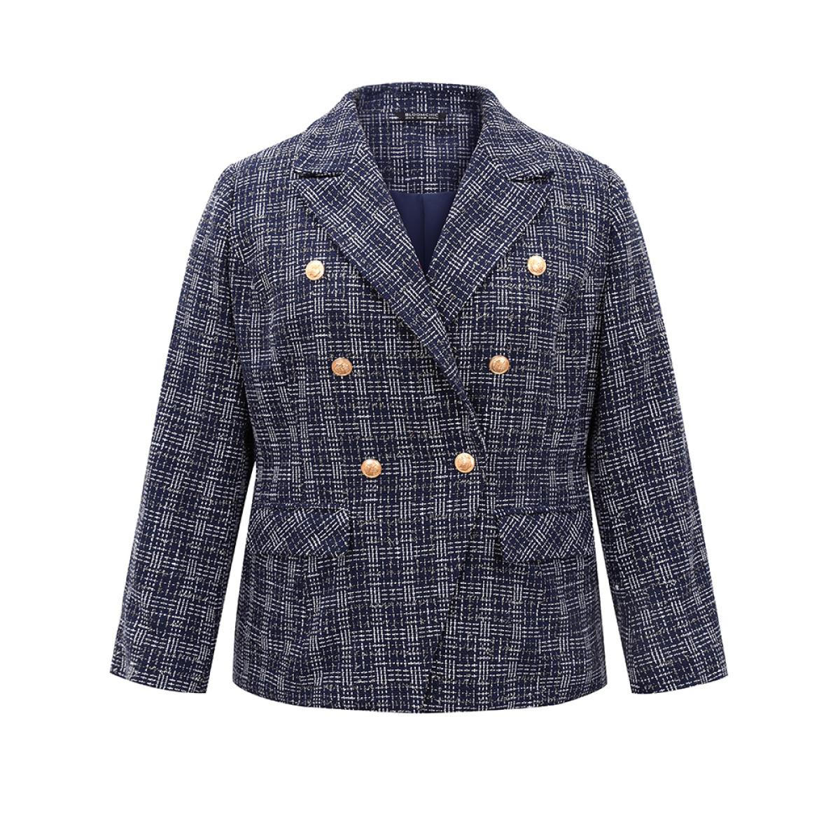 Plus Size Tweed Plaid Suit Collar Metal Detail Blazer Indigo Women Dailywear Plaid Lined Sleeve Long Sleeve Suit Collar 12/L Pocket Casual Blazers BloomChic Product Image