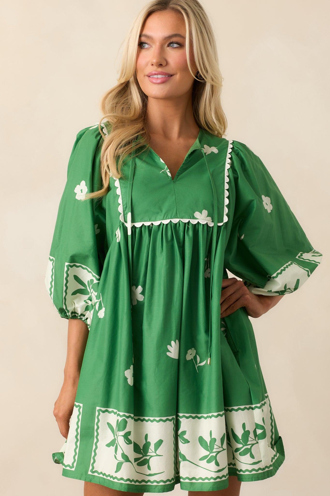 Gentle Breeze Green Cotton Floral Mini Dress Product Image
