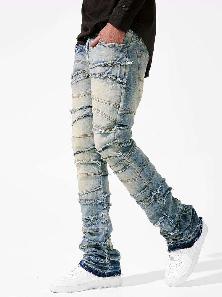 Men's Street Stretch Patch Denim Straight Pants Product Image