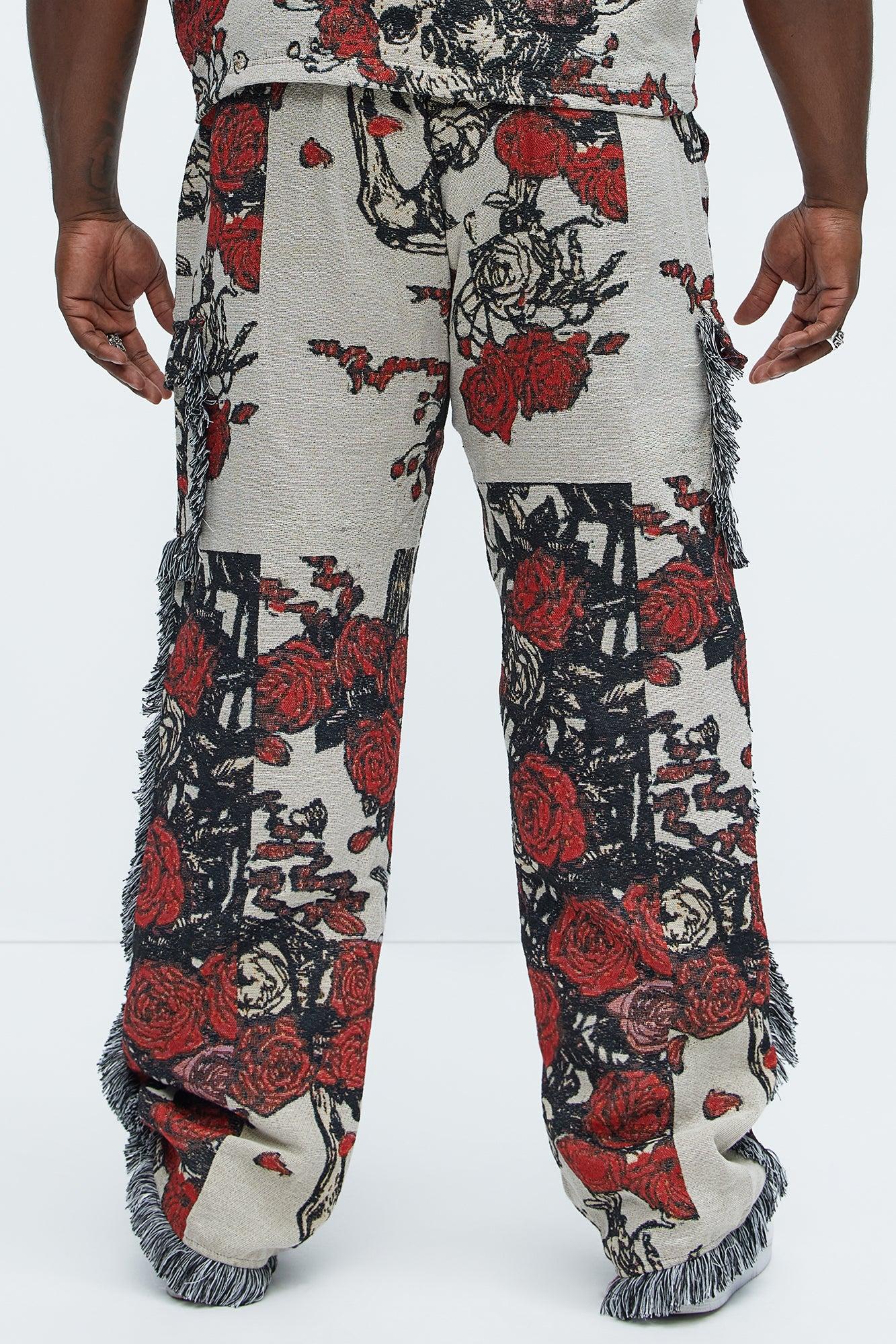 Straight Petals Tapestry Cargo Pants - Red/combo Product Image