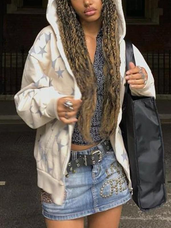 Oversized Star Print Zip Up Hoodie Product Image