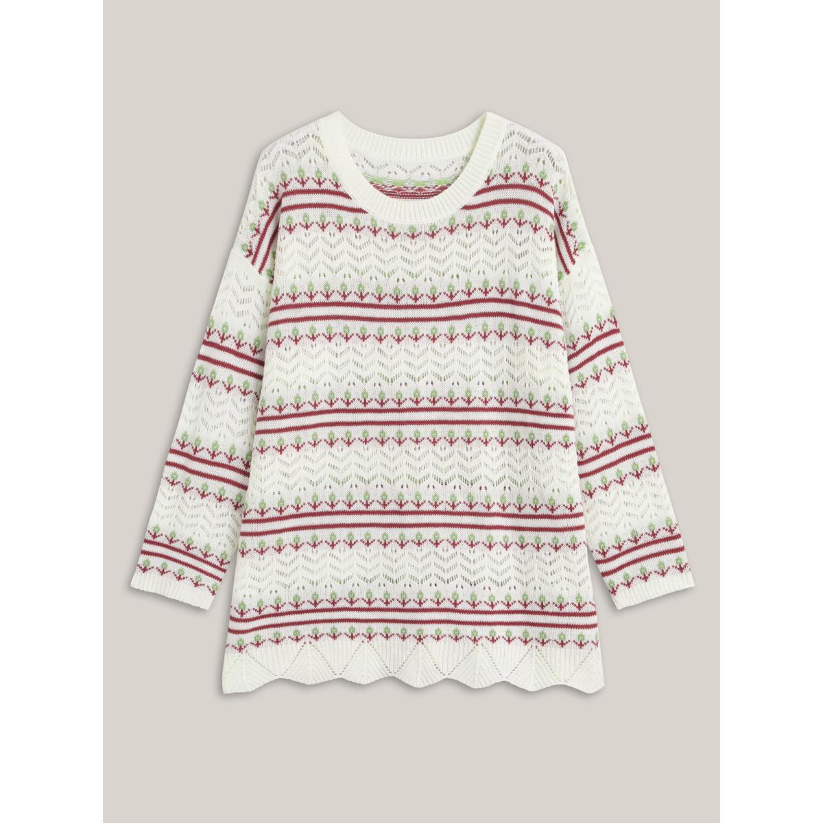 Plus Size Jacquard Pattern Crew Neck Ribbed Pullover Ivory Women Casual Loose Long Sleeve Round Neck Everyday-Casual Pullovers BloomChic 12/L Product Image