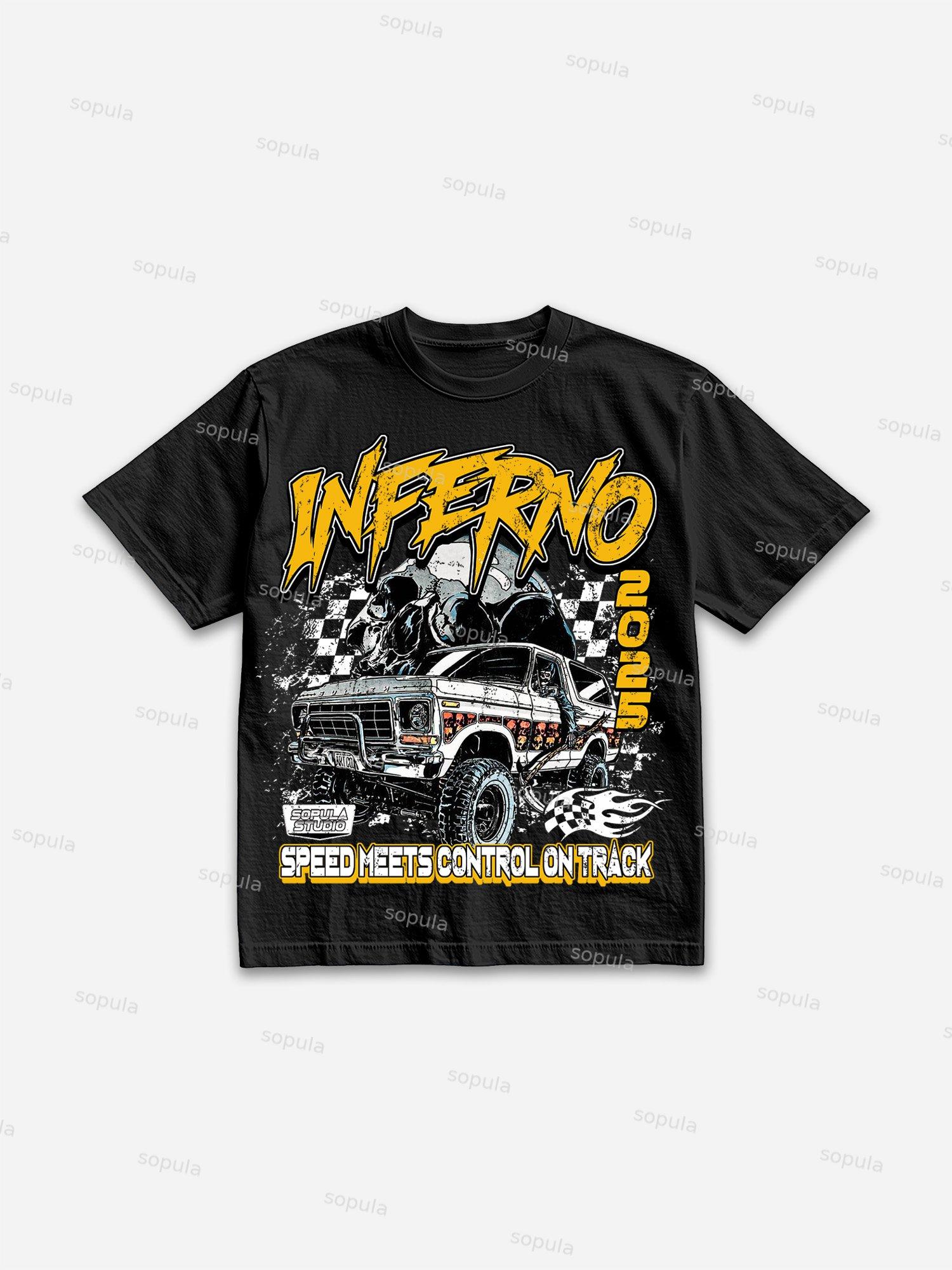 Racing Inferno Skeleton Print Cotton T-shirt Product Image
