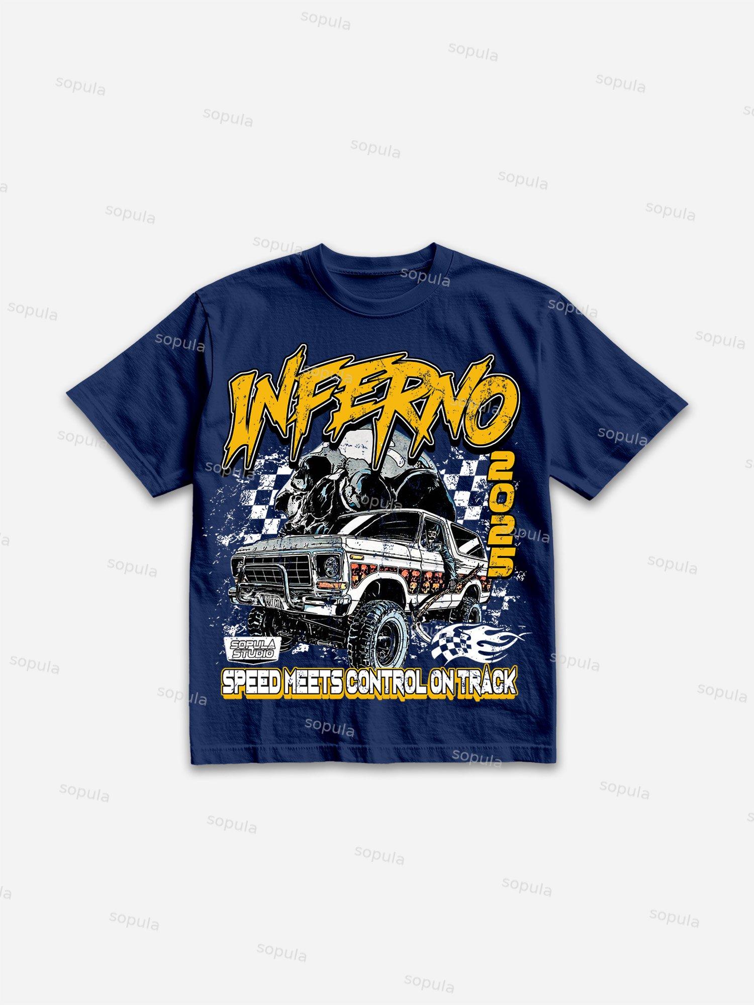 Racing Inferno Skeleton Print Cotton T-shirt Product Image